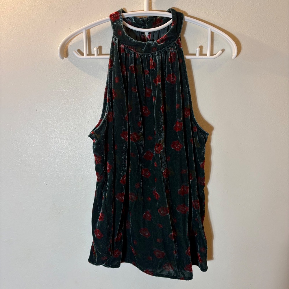 LOFT Floral Velvet Shirred Halter Top Size Small - Picture 2 of 9